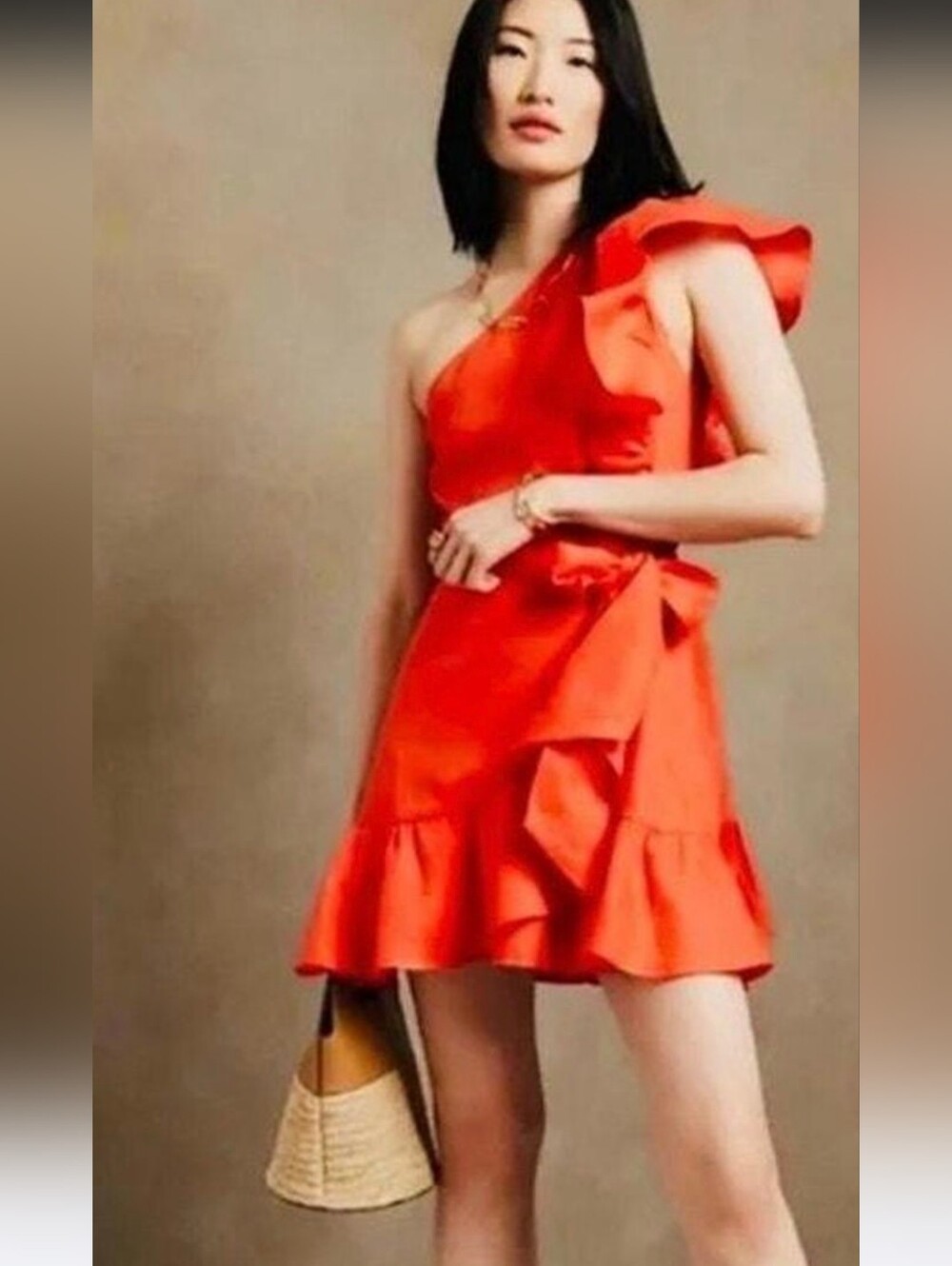 Banana Republic Coral Linen One-Shoulder Ruffle Mini Dress - Size 4 - Picture 2 of 9